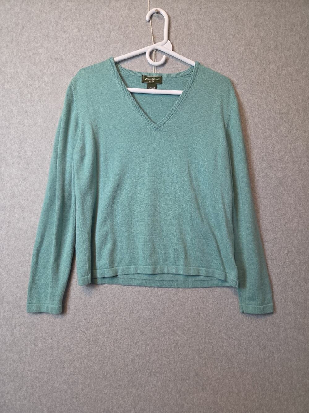 Eddie Bauer Cashmere Cotton Green Knit LS V Neck Sweater Women's XL Stretch